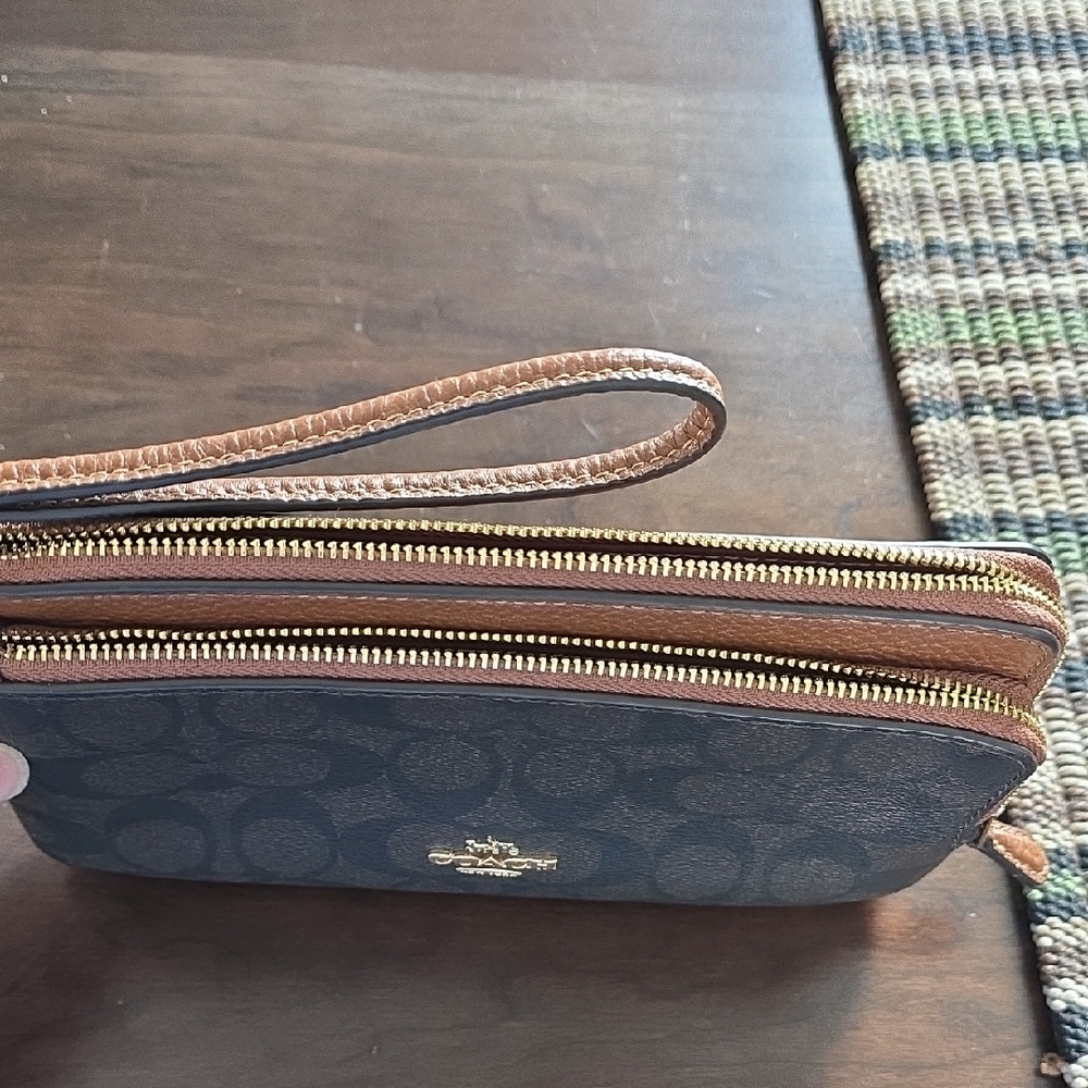 Coach Signature Tan / Brown Double Zip Wristlet - Picture 2 of 4